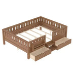 Bellemave Queen Size Toddler Bed with 14 Safety Guardrails, Space-saving Bed Frame with Built-in Bookshelves & 2 Under-Bed Storage Drawers