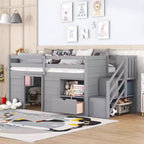 94.6L x 42.3W Solid Wood Twin Size Low Loft Bed With Stair, Drawer And Shelf, Modern & Clean Design