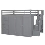 Teddy Fleece Full Size Loft Bed with Storage Shelf and Drawers, Wooden High Loft Bed with Versatile Desk for Bedroom