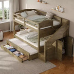 Whisen Twin XL Bunk Bed Frame with Trundle, Bunk Bed with Storage, Bunk Bed with Solid Wood, Storage Staircase, Wardrobe, 3Drawer, for Kids