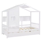 Twin Size House Bed with Trundle and Storage Shelf for Kids, White
