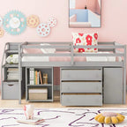 Full Size Loft Bed with Retractable Writing Desk and 3 Drawers, Wooden Loft Bed with Storage Stairs and Shelves