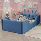 Whisen Twin Platform Bed, Kids Floor Upholstered Bed Frame with Rabbit Cushion, Removable Side Rails