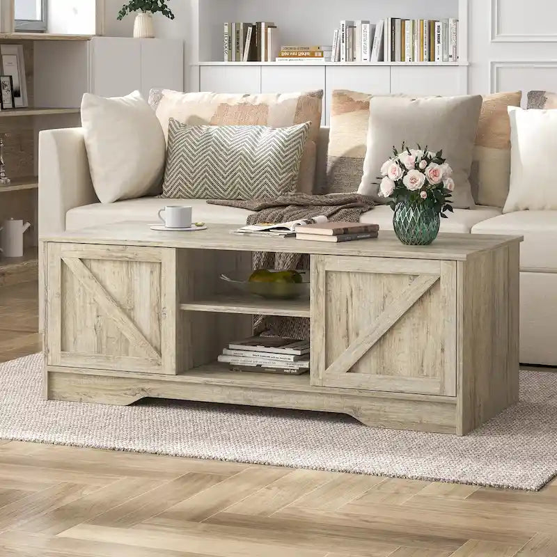 47 Rustic Farmhouse Coffee Table with Storage & Sliding Doors