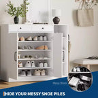 Shoe Cabinet, Shoe Storage Cabinet  Farmhouse 2 Barn Door Design with Drawers, Adjustable Shelves & Hooks for Entryway, Hallway