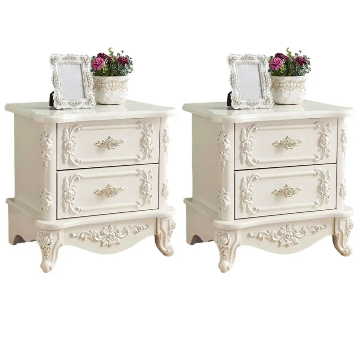 Traditional White Wood Carved 3-Drawer Nightstand