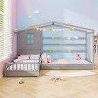 L-Shaped Double Twin Beds House Platform Beds with Window & Fences ¡ª Gray/White