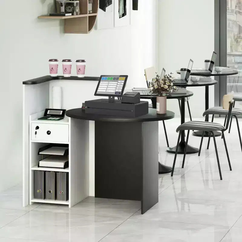 Costway Front Reception Counter Desk Checkout Office Desk with Open Shelf & Lockable Drawer White/Brown/Black