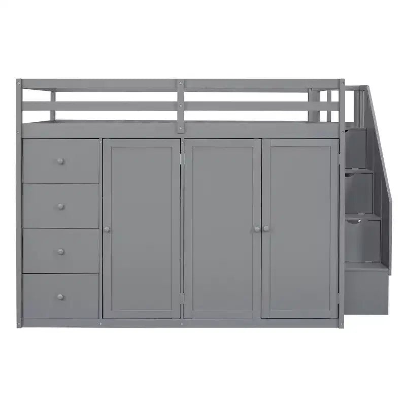 Teddy Fleece Full Size Loft Bed with Storage Shelf and Drawers, Wooden High Loft Bed with Versatile Desk for Bedroom