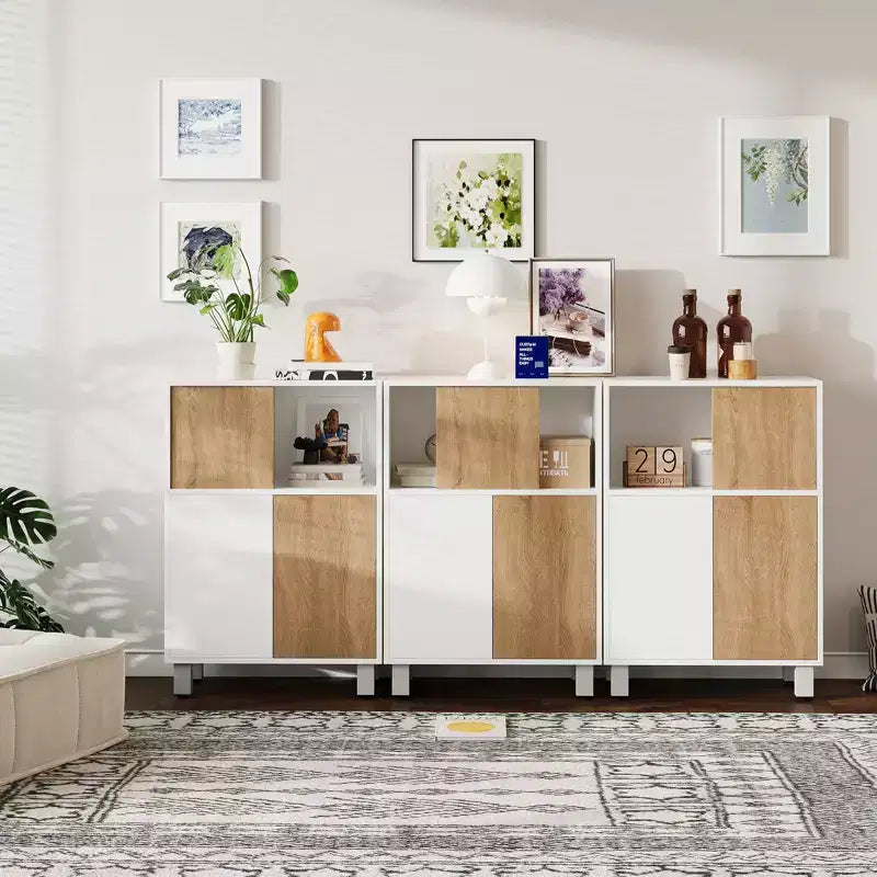 CuisinSmart Wooden Storage Cabinet, Sideboard Buffet Cabinet with Sliding Doors & Adjustable Shelves, Bathroom Display Cabinets, White