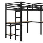 Twin Metal L-Shaped Loft Bed with Storage Shelves, 2 Built-in Desks - Black