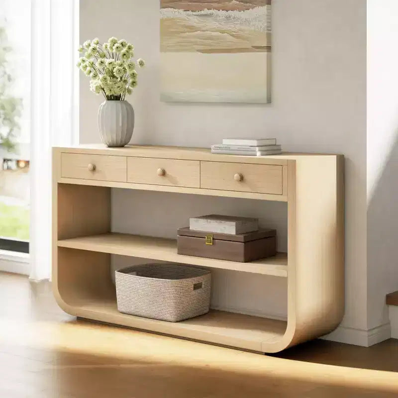 ModernLuxe Curved Console Table Entryway Table Sofa Side Table Display Stand Accent Table with 3 Soft-Close Drawers & 2 Open Shelves