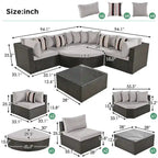 Modern 7-Piece Outdoor Wicker Sofa Set with Coffee Table, Cushions, and Striped Pillows, Suitable for Patio, Garden, Deck