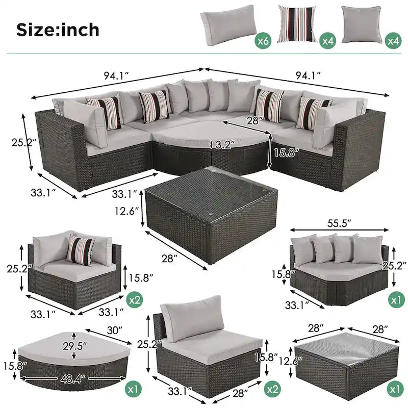Modern 7-Piece Outdoor Wicker Sofa Set with Coffee Table, Cushions, and Striped Pillows, Suitable for Patio, Garden, Deck