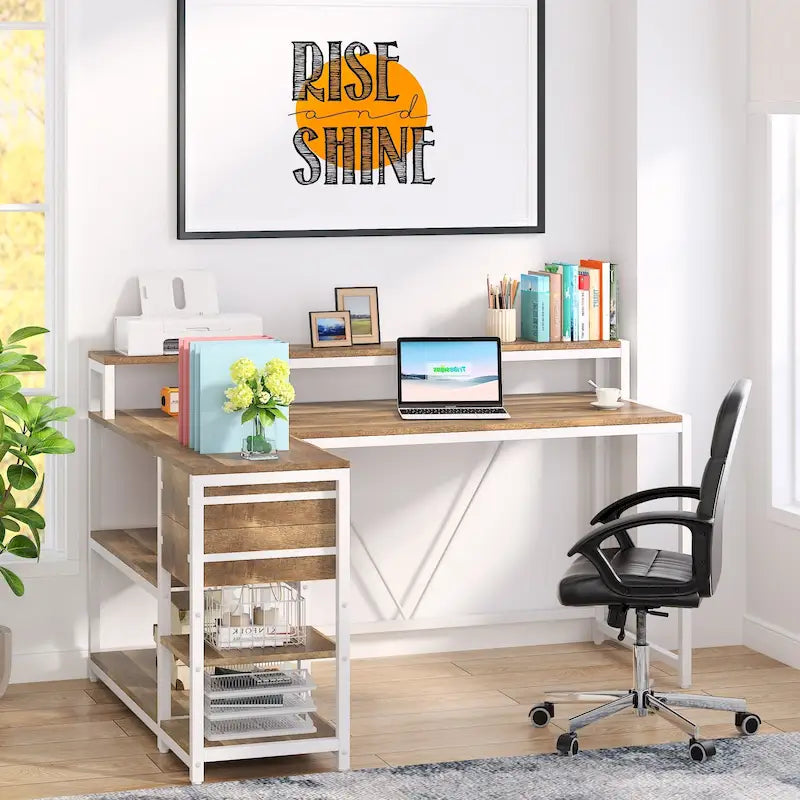 L Shaped Desk with Drawer, Home Office Corner Desk with Storage Shelves and Monitor Stand, Rustic PC Desk for Small Space