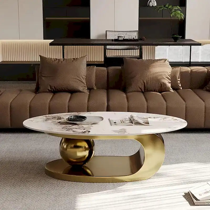51 Modern Pandora Oval Coffee Table with Glossy Sintered stone top, Luxury Coffee Table, Stainless Steel Legs for Livingroom