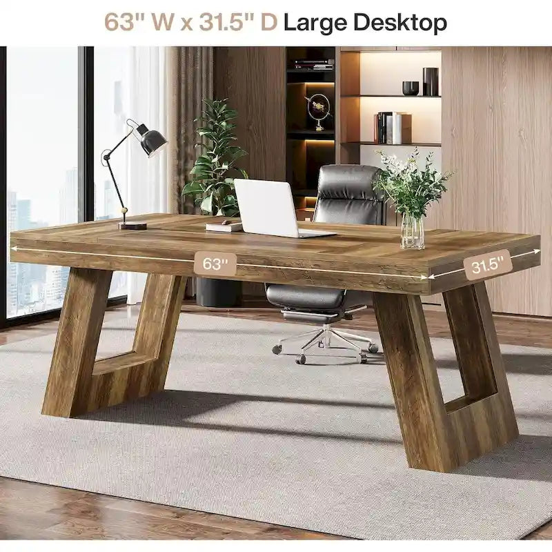 63 Inches Wood Executive Desk, Large Home Office Computer Desk