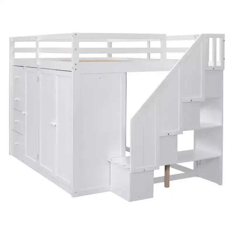 Teddy Fleece Full Size Loft Bed with Storage Shelf and Drawers, Wooden High Loft Bed with Versatile Desk for Bedroom