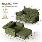 Dyonery 51 3-in-1 Sleeper Sofa Bed, Convertible Loveseat with Pull-Out Bed, Adjustable Backrest, Linen Couch