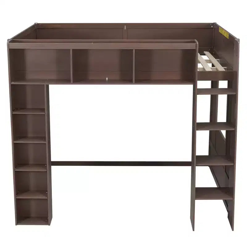 Whisen Queen Size Wooden Loft Bed Frame with Storage Cabinets and Shelves