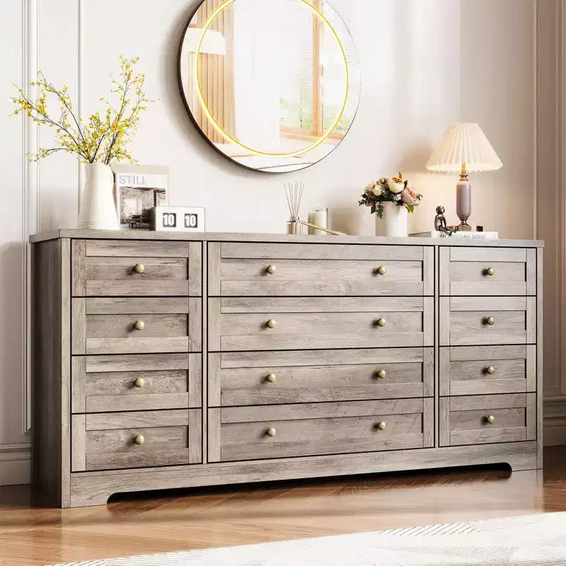 12 Drawers Dresser for Bedroom Wooden, Modern Wide TV Stand Dressers for 65 Inch TV, Wood Chest of Drawers, Farmhouse Clothes Storage for Living Room