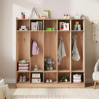 Kids Coat Locker Organizer with 10 Cubbies & Hooks, 5-Section Storage Unit for Classroom, Nursery, Entryway or Playroom, Natural Oak