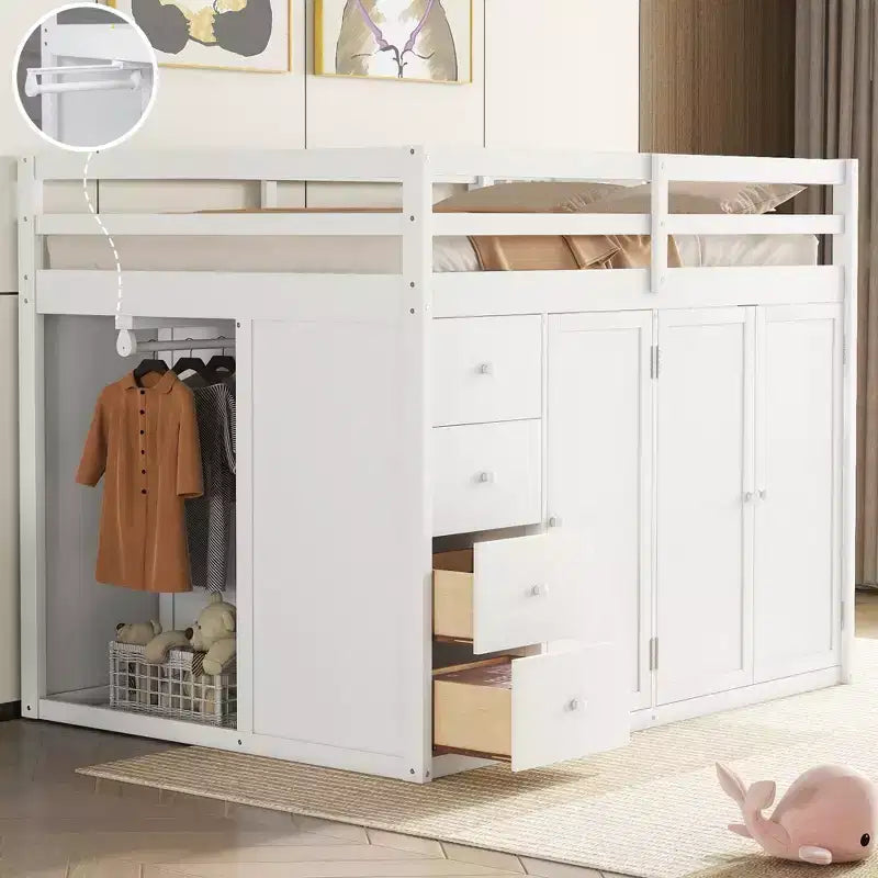Teddy Fleece Full Size Loft Bed with Storage Shelf and Drawers, Wooden High Loft Bed with Versatile Desk for Bedroom