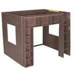 Whisen Queen Size Wooden Loft Bed Frame with Storage Cabinets and Shelves