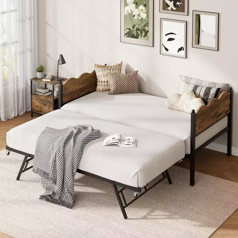Twin Size Daybed with Trundle, Metal Frame with Wavy Wood Grain Headboard, Lockable Casters, Space-Saving Sofa Bed, No Box Spring Needed