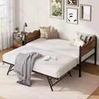 Twin Size Daybed with Trundle, Metal Frame with Wavy Wood Grain Headboard, Lockable Casters, Space-Saving Sofa Bed, No Box Spring Needed