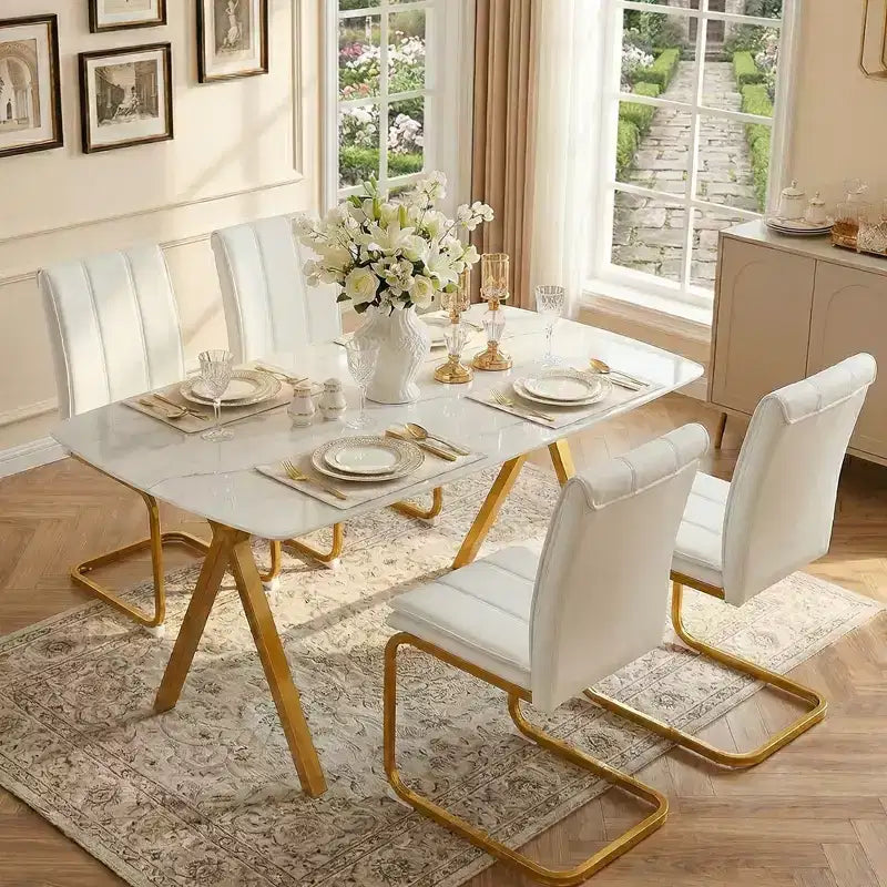 GDFStudio Daniela Modern Tempered Glass Rectangular Dining Table with Marble Design and Metal Legs