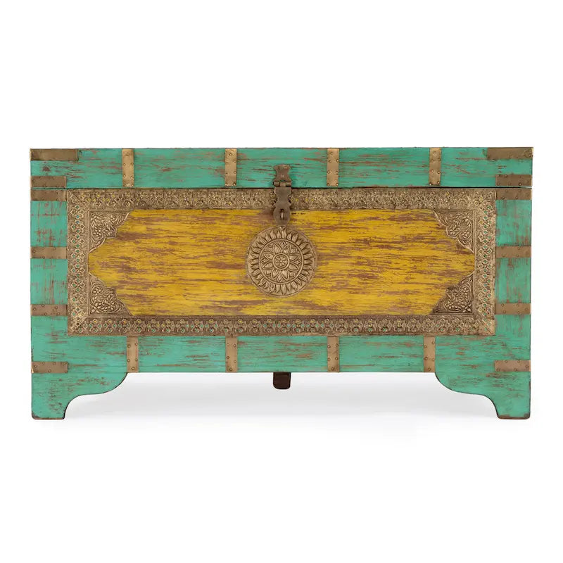 Nador Hand-Painted Brass Inlay Storage Trunk Coffee Table