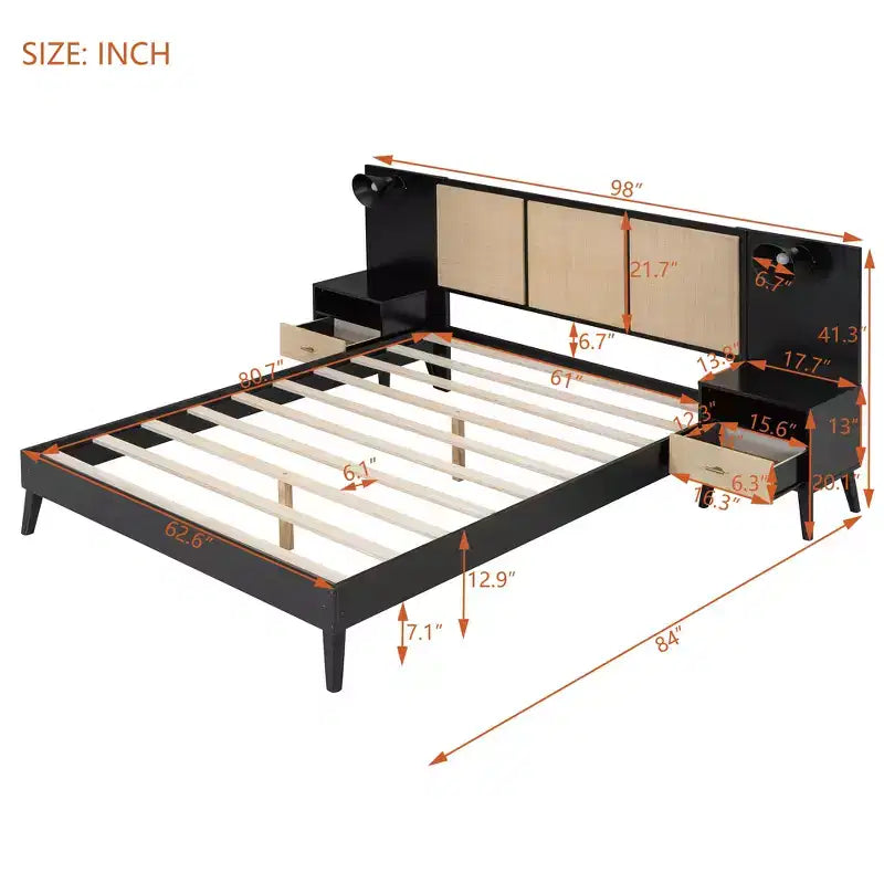 Queen Size Solid Wood Bed Frame with 2 Nightstands, Elegant Rattan and Wood Combination Platform Bed with Lamps - ModernLuxe