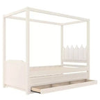 Twin/Full Size Platform Bed with Trundle, Princess Wood Canopy Bed with 3 Drawers, Storage Bed with Upholstered Headboard for Bedroom