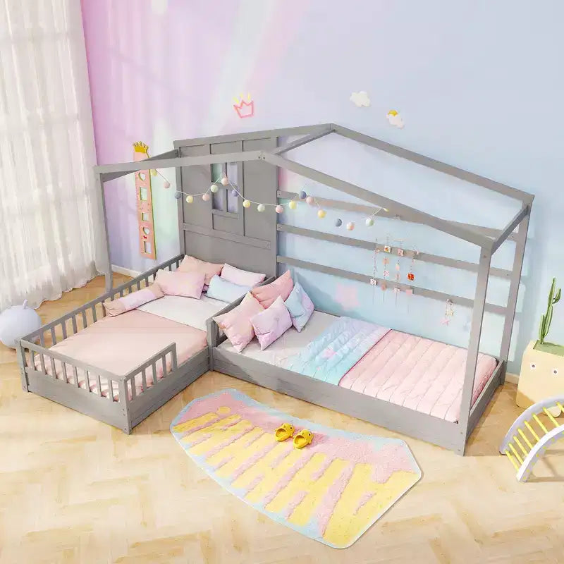 L-Shaped Double Twin Beds House Platform Beds with Window & Fences ¡ª Gray/White