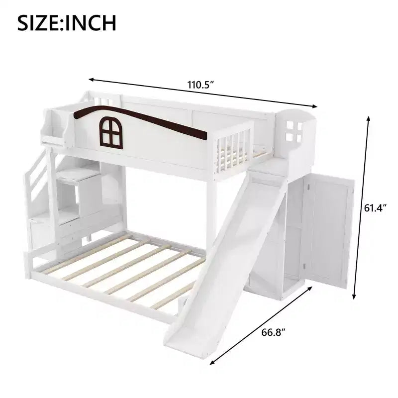 Twin over Full Bunk Bed with Slide, Shelves, Storage Staircase and Wardrobe for Kids Room