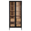 Modern Industrial Oak Veneer & Metal Cabinet with Large Glass Doors for Living Room or Study