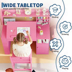 Kids Study Desk & Chair Set with Storage, Kids Study Desk with Hutch and Tiltable, Wooden Children Table with Storage Cabinet for 3-8 Years Old