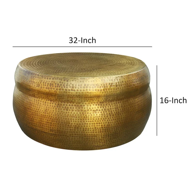 32 Inch Artisanal Round Drum Coffee Table, Hammered Embossed Texturing, Aluminum, Antique Brass