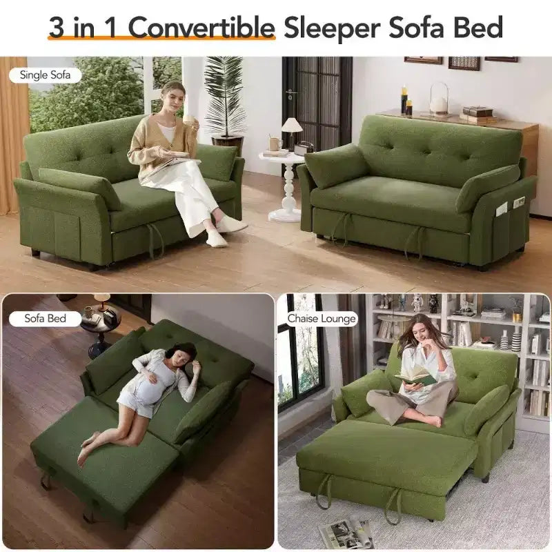Dyonery 51 3-in-1 Sleeper Sofa Bed, Convertible Loveseat with Pull-Out Bed, Adjustable Backrest, Linen Couch