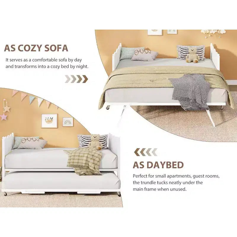 Twin Size Daybed with Trundle, Metal Frame with Wavy Wood Grain Headboard, Lockable Casters, Space-Saving Sofa Bed, No Box Spring Needed