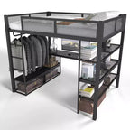 Bellemave Queen Metal Loft Bed with Desk, Storage Shelves & Hanging Rod, Space-Saving Loft Bed Frame with Guardrails & Ladder, No Box Spring, Black