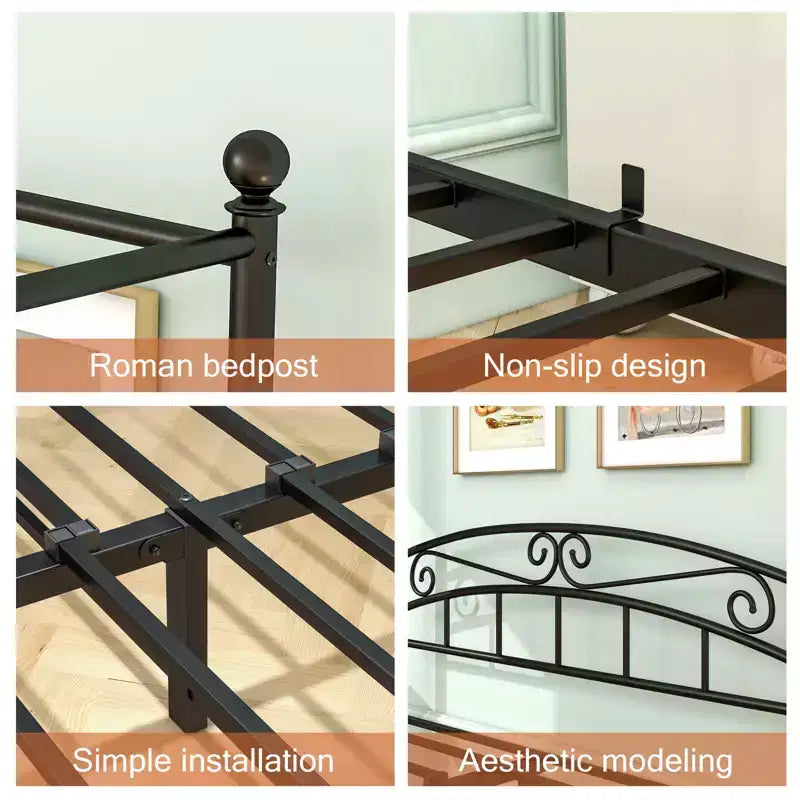 Queen Size Canopy Metal Bed Frame with Vintage Headboard and 12.4 Under-Bed Storage