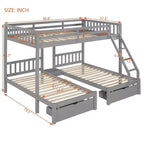 Full Over Twin & Twin Bunk Bed for 3, Wooden Triple Bunk Bed with 2 Storage Drawers, can be Divided into 3 Separate Beds