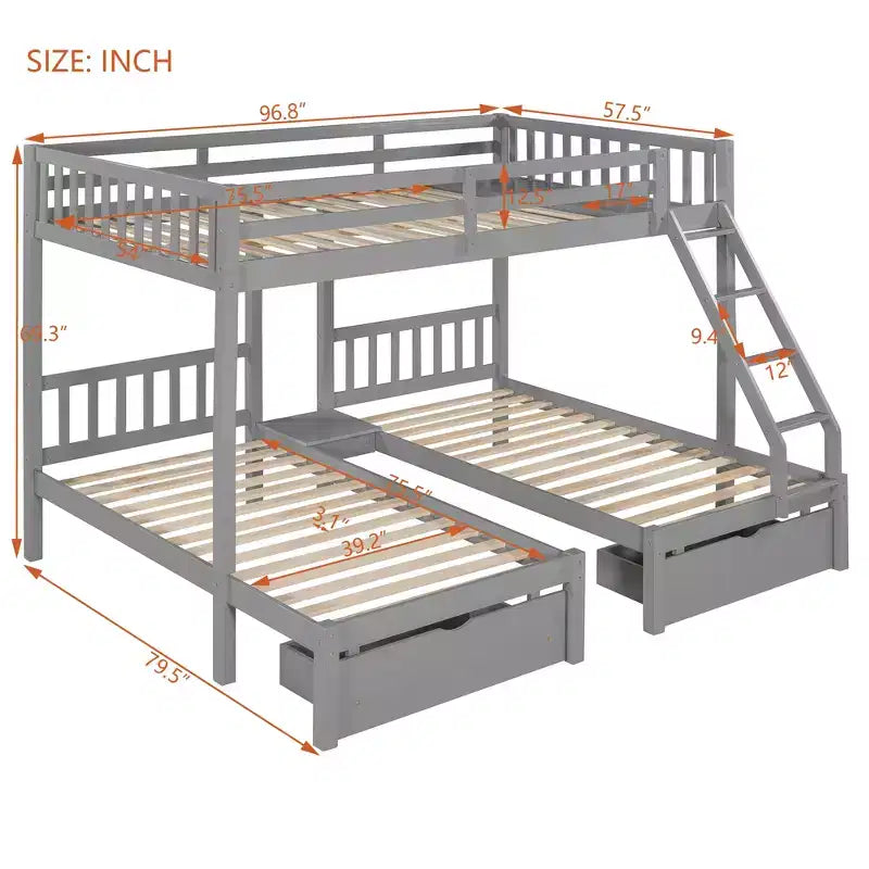 Full Over Twin & Twin Bunk Bed for 3, Wooden Triple Bunk Bed with 2 Storage Drawers, can be Divided into 3 Separate Beds