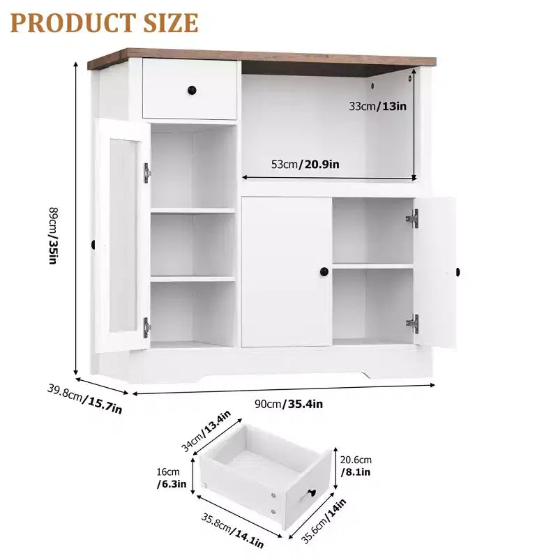 White & Walnut Kitchen Microwave Cabinet - 3-Door Pantry Storage Buffet with Adjustable Shelves for Dining Room, Living Room & Hallway