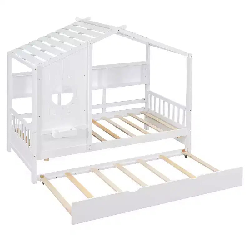 Twin Size House Bed with Trundle and Storage Shelf for Kids, White