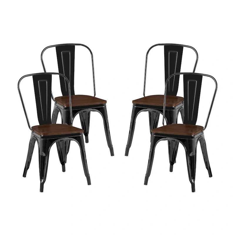 Wooden Seat Industrial Metal Stackable Dining Chair Set