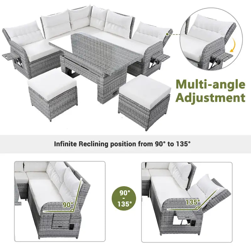 Outdoor Rattan Sectional Sofa Set with Adjustable Table & Recliners