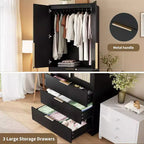 2-Door Wardrobe Cabinet with 3 Drawers & Hanging Rod